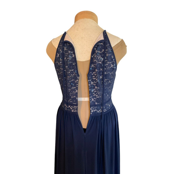 Morgan & Co Navy Blue Formal Gown Lace Bodice Sequins Halter Neck Keyhole Front - Picture 6 of 14